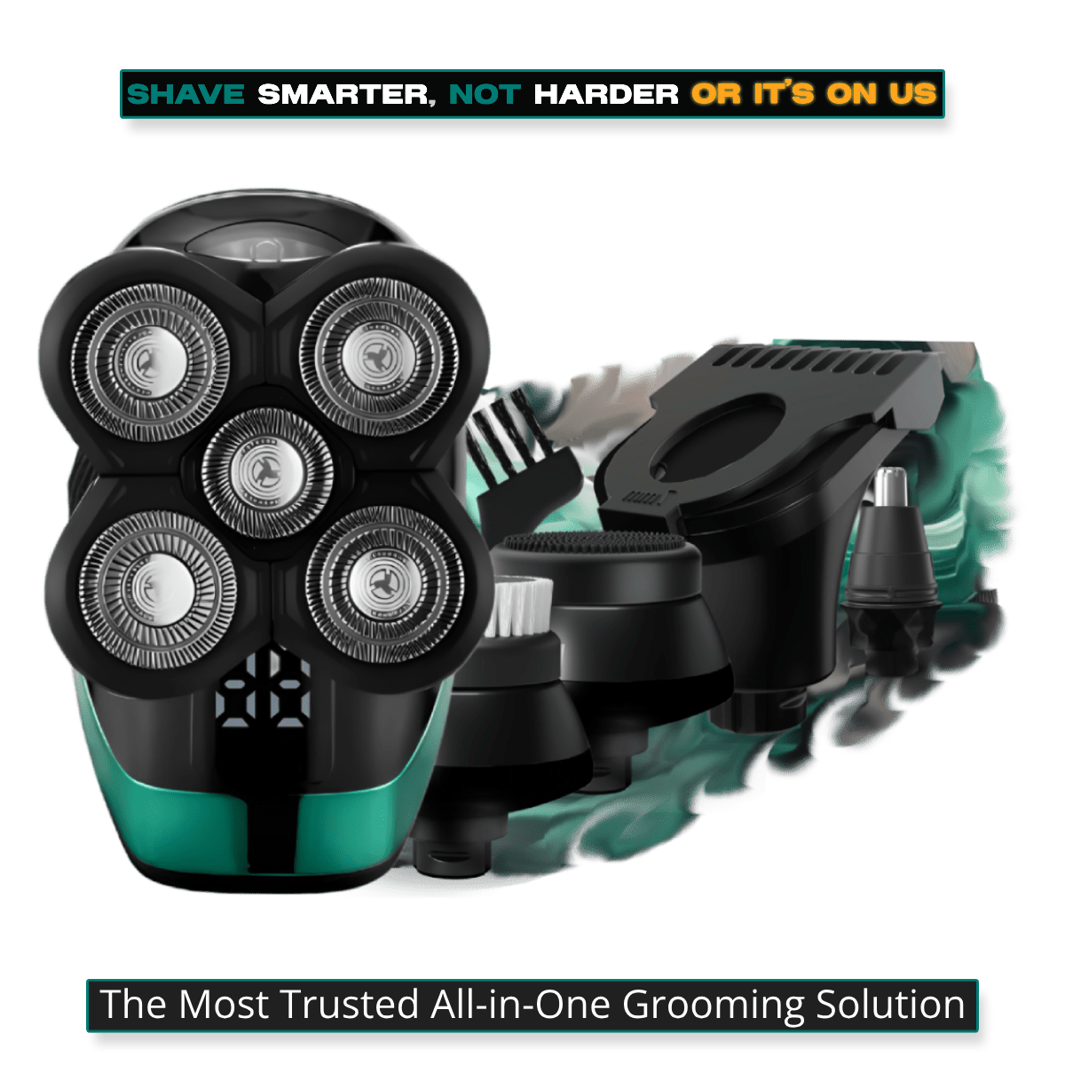ShaveMate™ Elite 5-in-1 grooming kit with 5D rotary blades, precision attachments, and all-in-one grooming tools for head, beard, and body care.