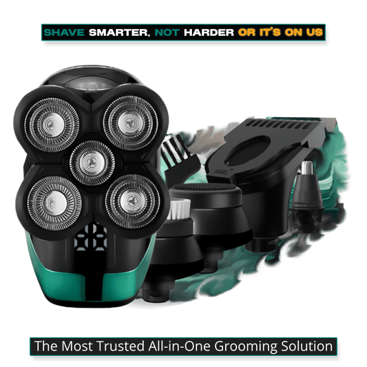 ShaveMate™ Elite 5-in-1 grooming kit with 5D rotary blades, precision attachments, and all-in-one grooming tools for head, beard, and body care.