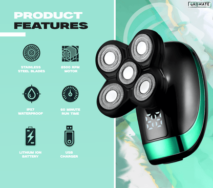 ShaveMate™ Elite 5D rotary electric shaver highlighting key features: stainless steel blades, 8500 RPM motor, IPX7 waterproof rating, and 60-minute runtime.