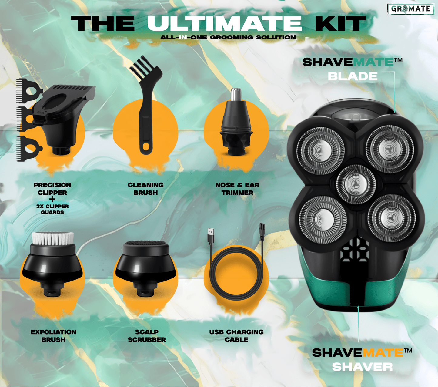 ShaveMate™ Elite Ultimate Kit with precision clipper, exfoliation brush, scalp scrubber, nose and ear trimmer, cleaning brush, and USB charging cable.